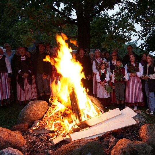 Joninių šventės dalyviai kartu su folkloro ansambliu "Platele" dainuoja prie aukuro